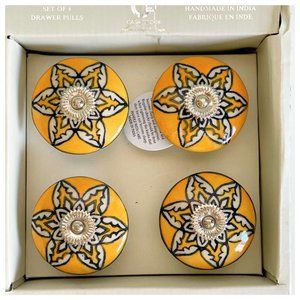NIB 8 Handmade Ceramic Yellow Silver Drawer Knobs